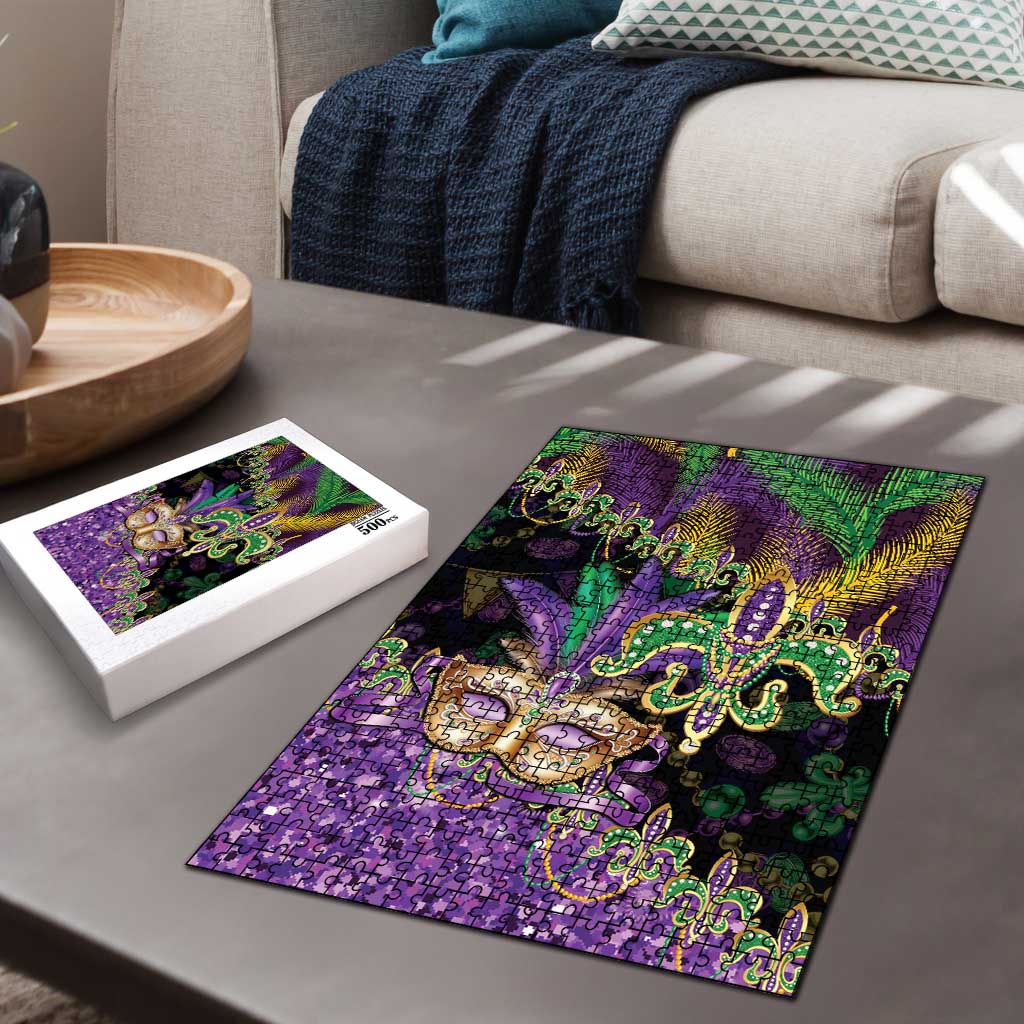 Fleur De Lis Mardi Gras Mask Puzzle 504 NOLA Carnival Feathers Glitter Effect