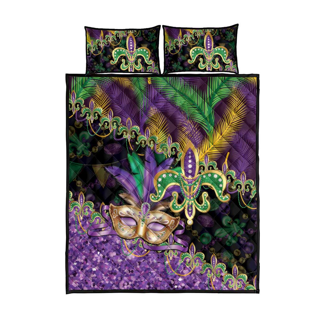 Fleur De Lis Mardi Gras Mask Quilt Bed Set 504 NOLA Carnival Feathers Glitter Effect