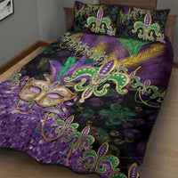 Fleur De Lis Mardi Gras Mask Quilt Bed Set 504 NOLA Carnival Feathers Glitter Effect