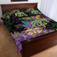 Fleur De Lis Mardi Gras Mask Quilt Bed Set 504 NOLA Carnival Feathers Glitter Effect