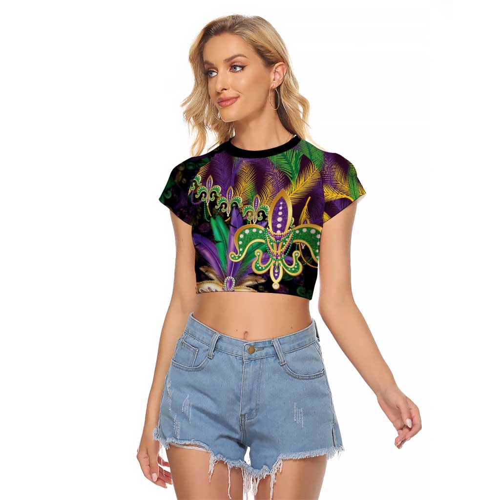 Fleur De Lis Mardi Gras Mask Raglan Cropped T Shirt 504 NOLA Carnival Feathers Glitter Effect