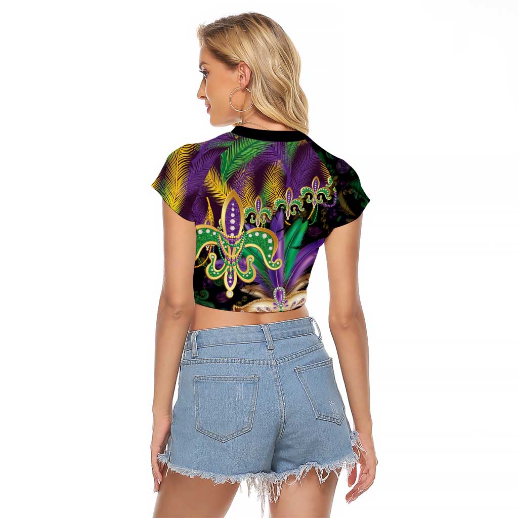 Fleur De Lis Mardi Gras Mask Raglan Cropped T Shirt 504 NOLA Carnival Feathers Glitter Effect