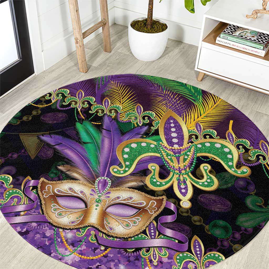 Fleur De Lis Mardi Gras Mask Round Carpet 504 NOLA Carnival Feathers Glitter Effect