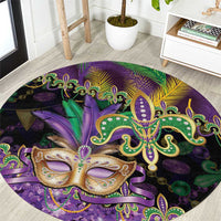 Fleur De Lis Mardi Gras Mask Round Carpet 504 NOLA Carnival Feathers Glitter Effect