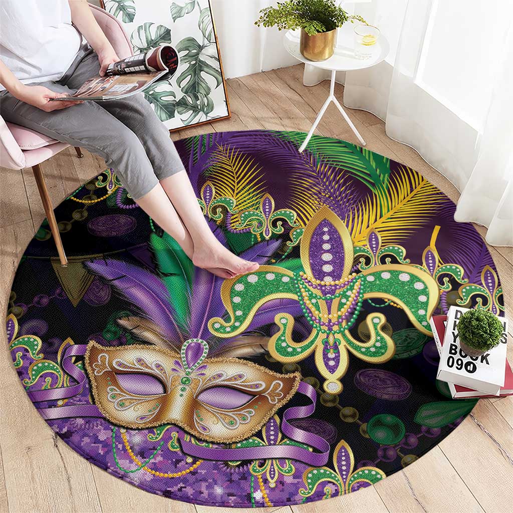 Fleur De Lis Mardi Gras Mask Round Carpet 504 NOLA Carnival Feathers Glitter Effect