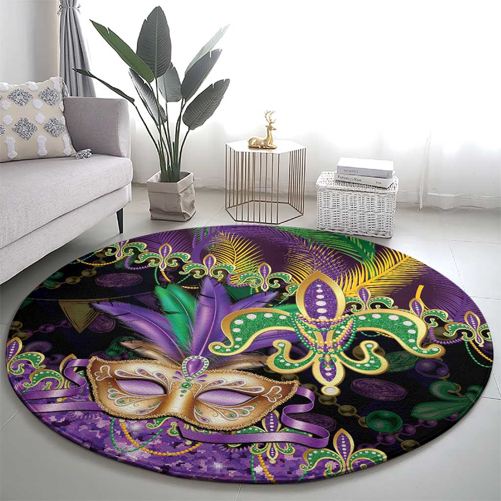 Fleur De Lis Mardi Gras Mask Round Carpet 504 NOLA Carnival Feathers Glitter Effect