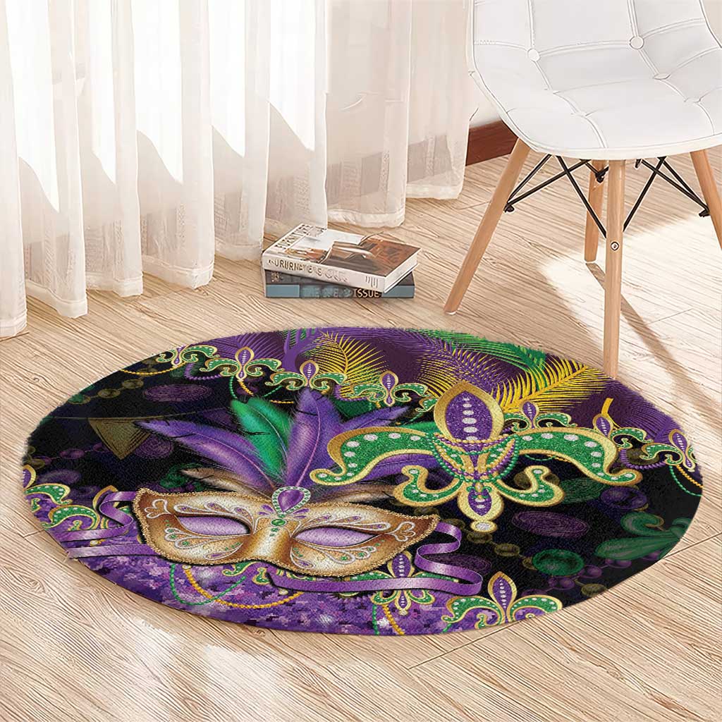 Fleur De Lis Mardi Gras Mask Round Carpet 504 NOLA Carnival Feathers Glitter Effect