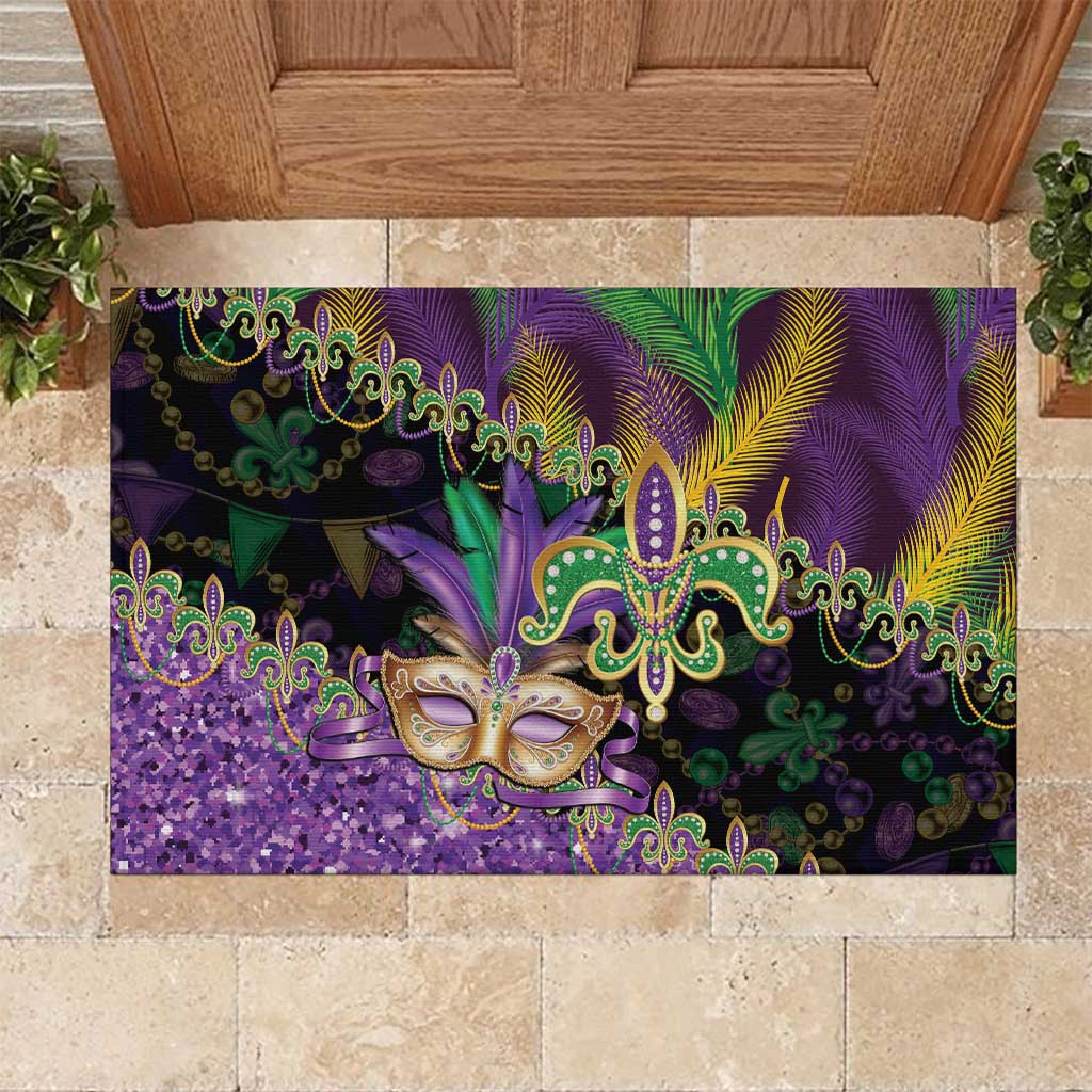 Fleur De Lis Mardi Gras Mask Rubber Doormat 504 NOLA Carnival Feathers Glitter Effect