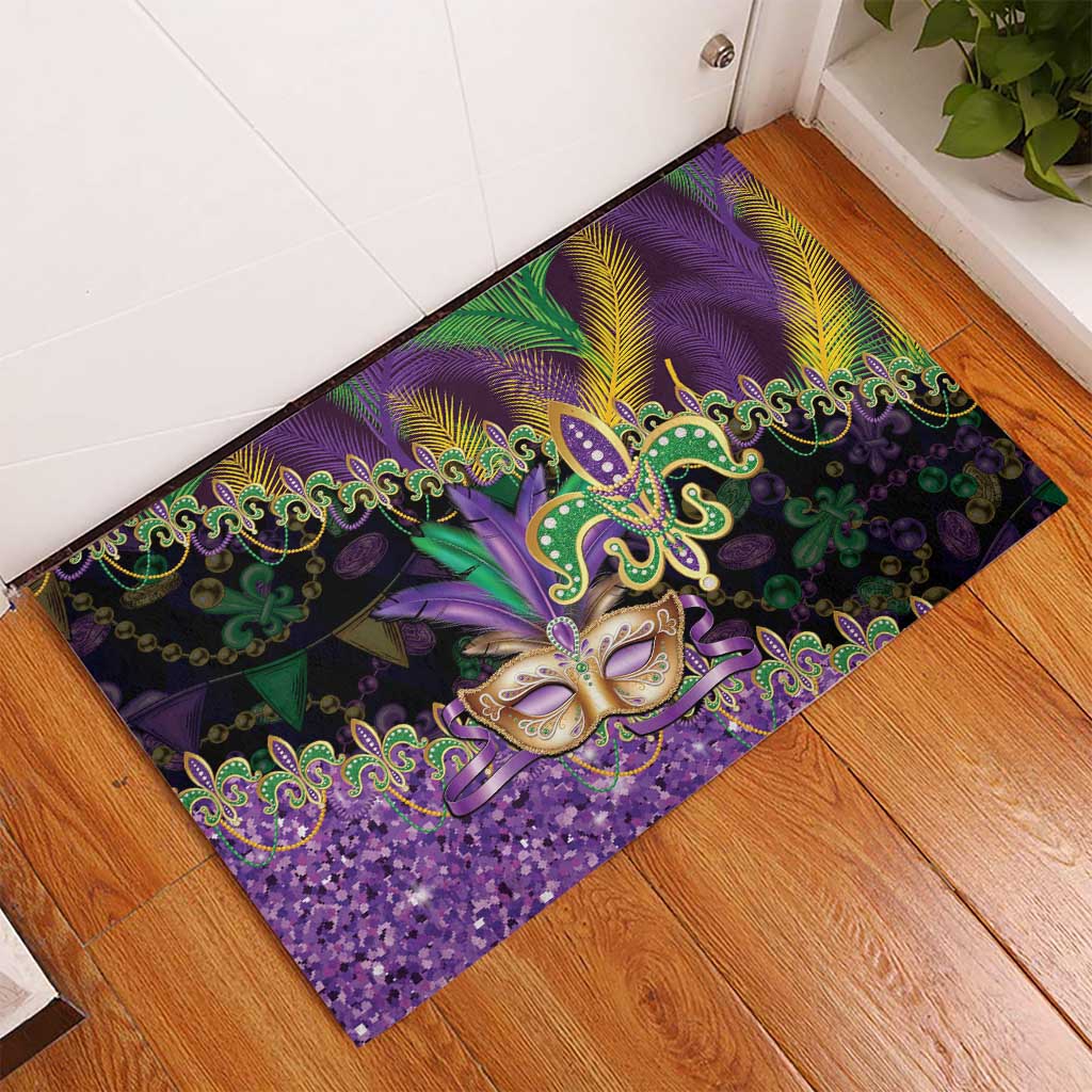 Fleur De Lis Mardi Gras Mask Rubber Doormat 504 NOLA Carnival Feathers Glitter Effect