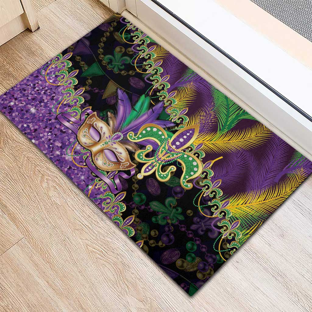 Fleur De Lis Mardi Gras Mask Rubber Doormat 504 NOLA Carnival Feathers Glitter Effect