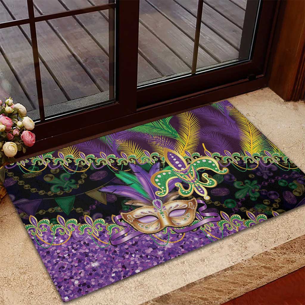 Fleur De Lis Mardi Gras Mask Rubber Doormat 504 NOLA Carnival Feathers Glitter Effect