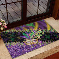 Fleur De Lis Mardi Gras Mask Rubber Doormat 504 NOLA Carnival Feathers Glitter Effect