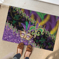 Fleur De Lis Mardi Gras Mask Rubber Doormat 504 NOLA Carnival Feathers Glitter Effect