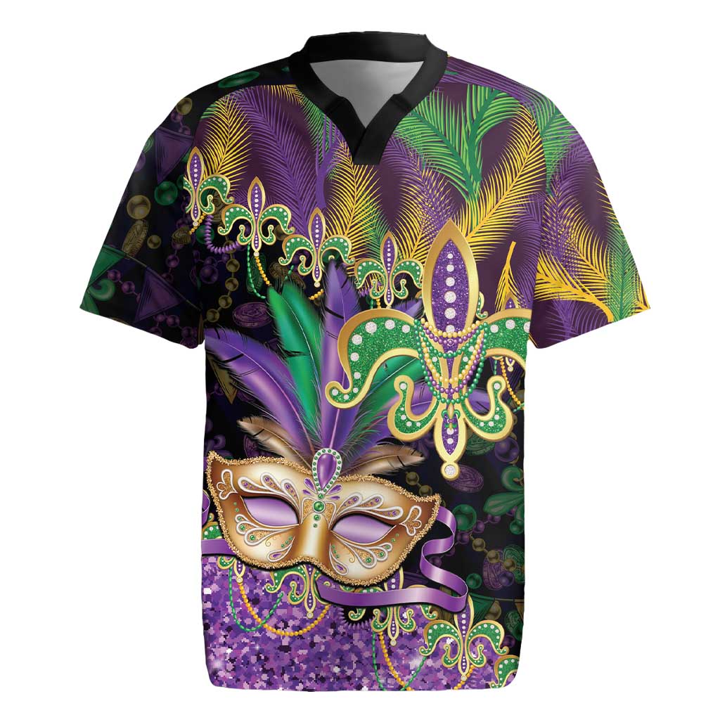 Fleur De Lis Mardi Gras Mask Rugby Jersey 504 NOLA Carnival Feathers Glitter Effect