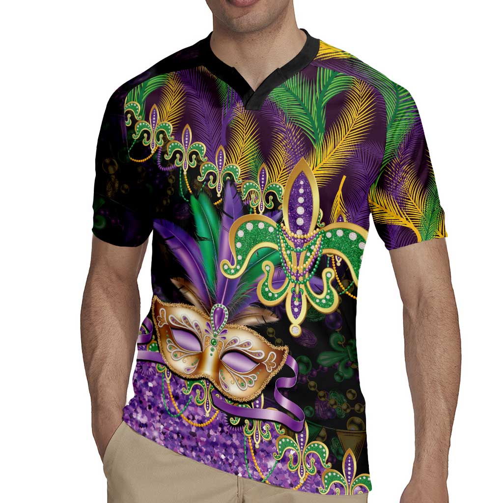 Fleur De Lis Mardi Gras Mask Rugby Jersey 504 NOLA Carnival Feathers Glitter Effect