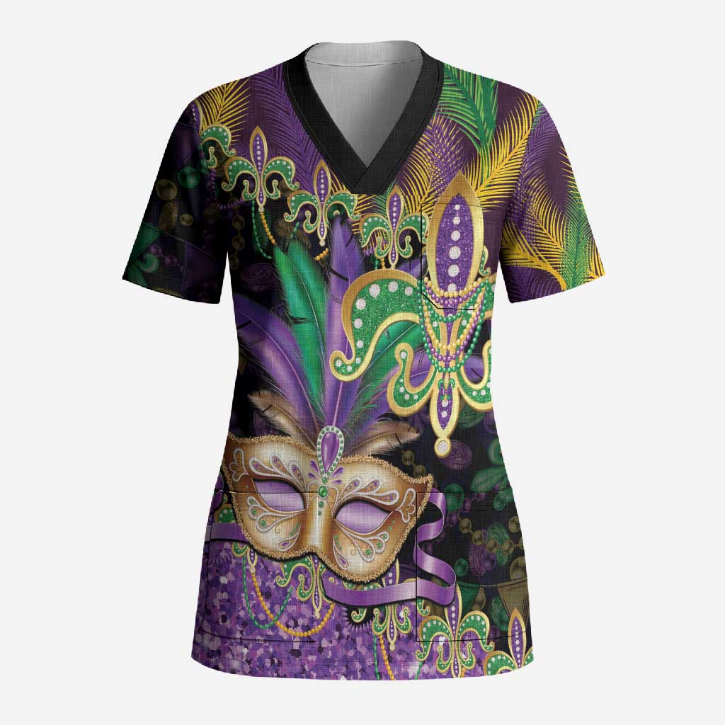 Fleur De Lis Mardi Gras Mask Scrub Top 504 NOLA Carnival Feathers Glitter Effect