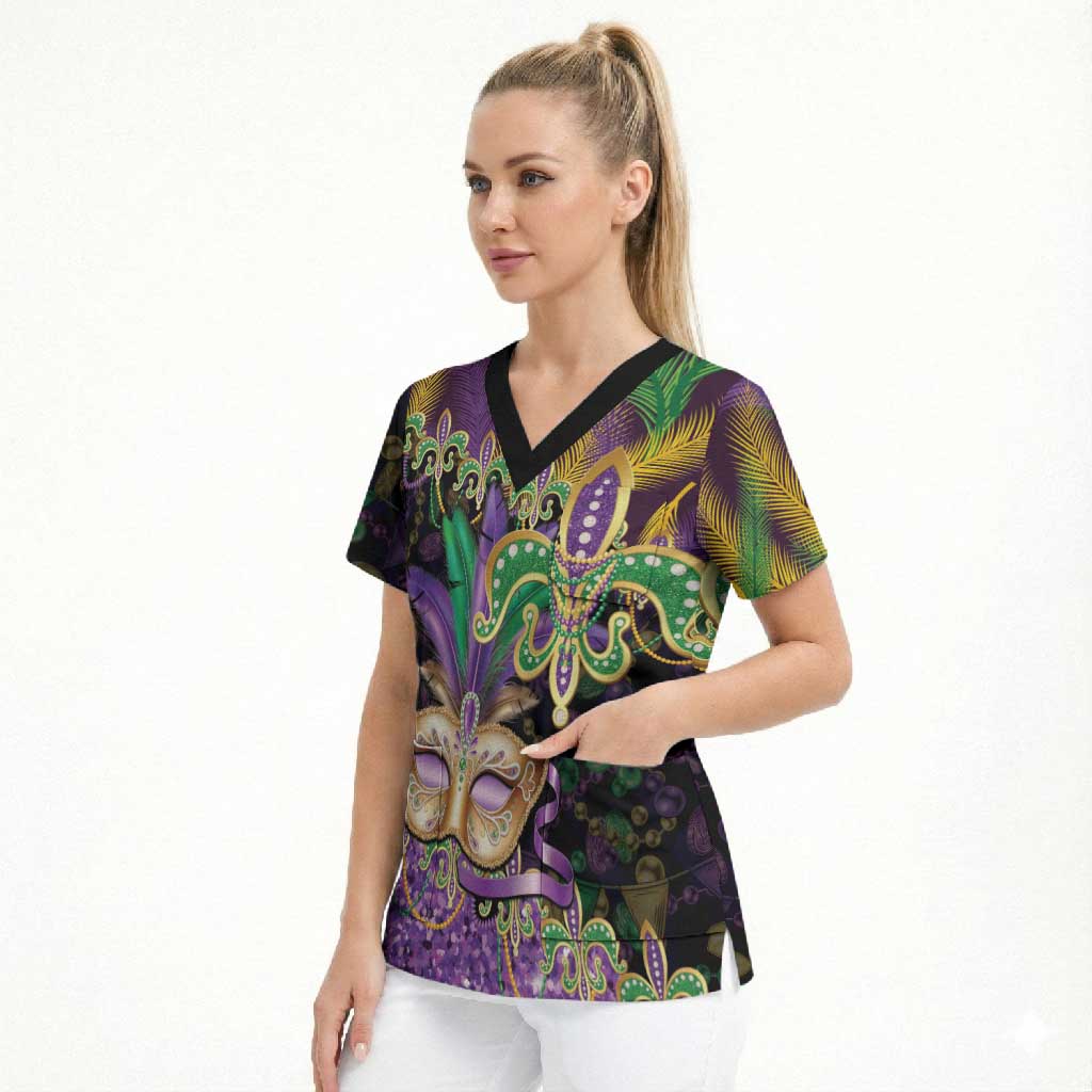 Fleur De Lis Mardi Gras Mask Scrub Top 504 NOLA Carnival Feathers Glitter Effect
