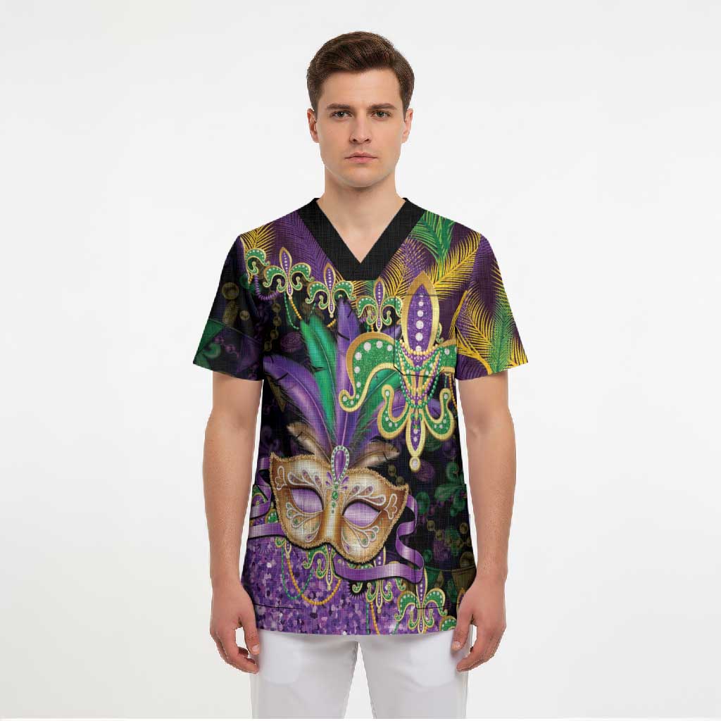 Fleur De Lis Mardi Gras Mask Scrub Top 504 NOLA Carnival Feathers Glitter Effect