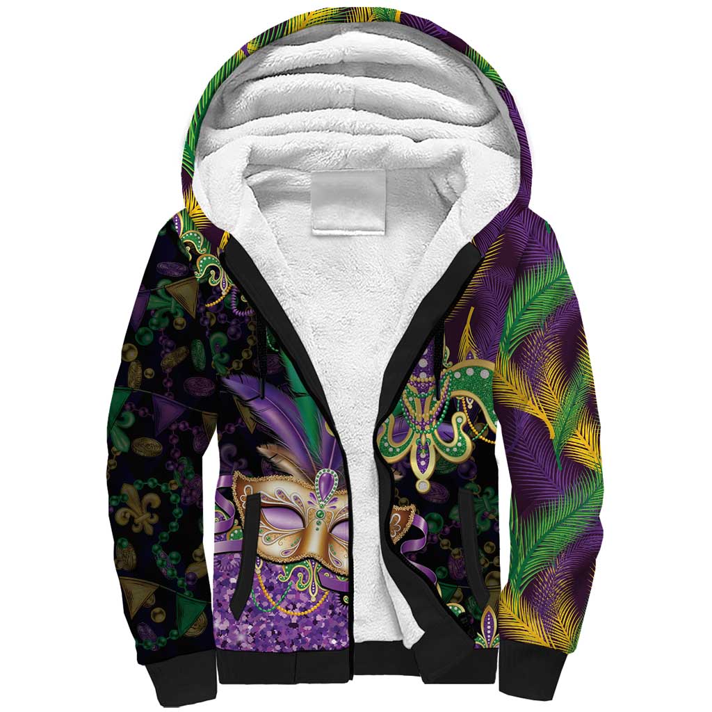 Fleur De Lis Mardi Gras Mask Sherpa Hoodie 504 NOLA Carnival Feathers Glitter Effect