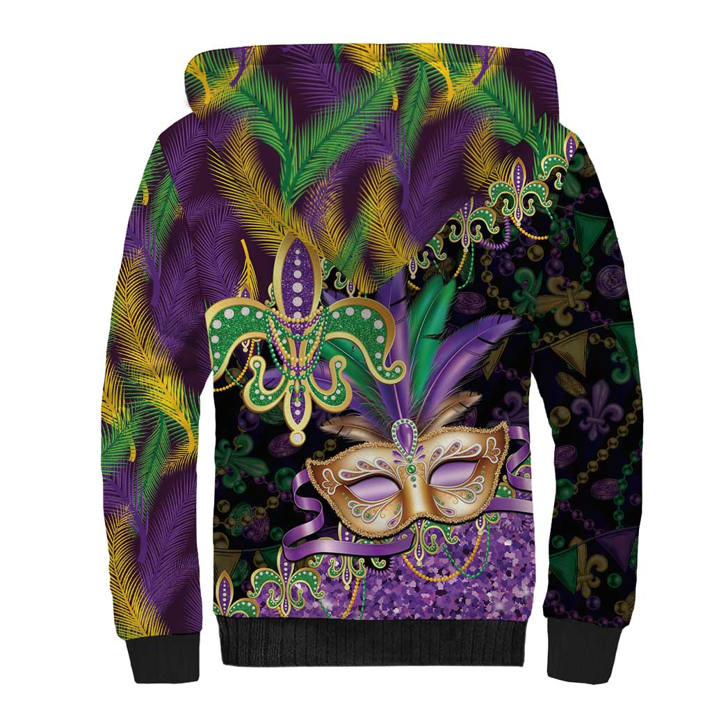 Fleur De Lis Mardi Gras Mask Sherpa Hoodie 504 NOLA Carnival Feathers Glitter Effect