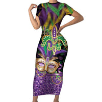 Fleur De Lis Mardi Gras Mask Short Sleeve Bodycon Dress 504 NOLA Carnival Feathers Glitter Effect