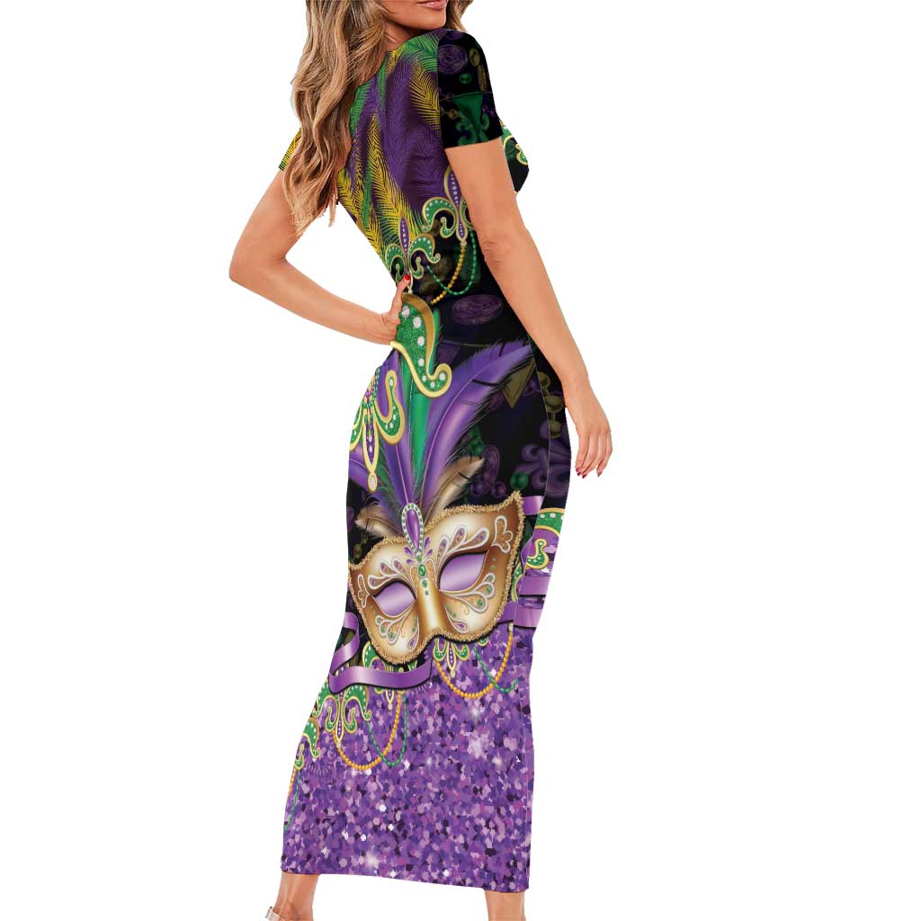 Fleur De Lis Mardi Gras Mask Short Sleeve Bodycon Dress 504 NOLA Carnival Feathers Glitter Effect