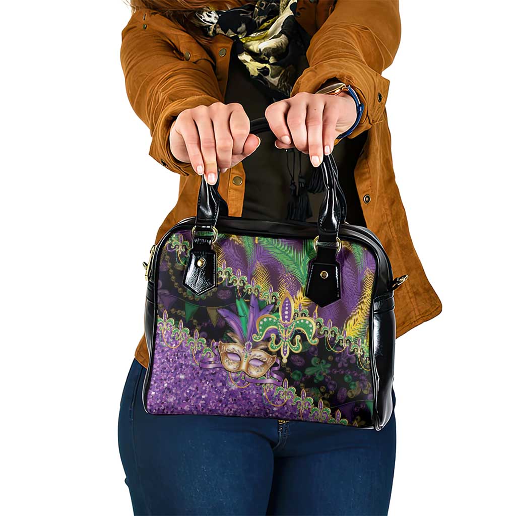 Fleur De Lis Mardi Gras Mask Shoulder Handbag 504 NOLA Carnival Feathers Glitter Effect