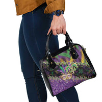 Fleur De Lis Mardi Gras Mask Shoulder Handbag 504 NOLA Carnival Feathers Glitter Effect
