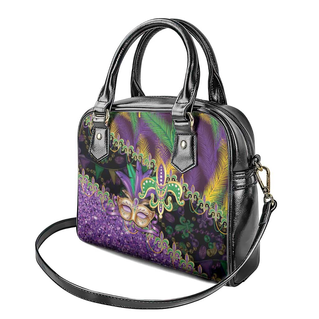 Fleur De Lis Mardi Gras Mask Shoulder Handbag 504 NOLA Carnival Feathers Glitter Effect