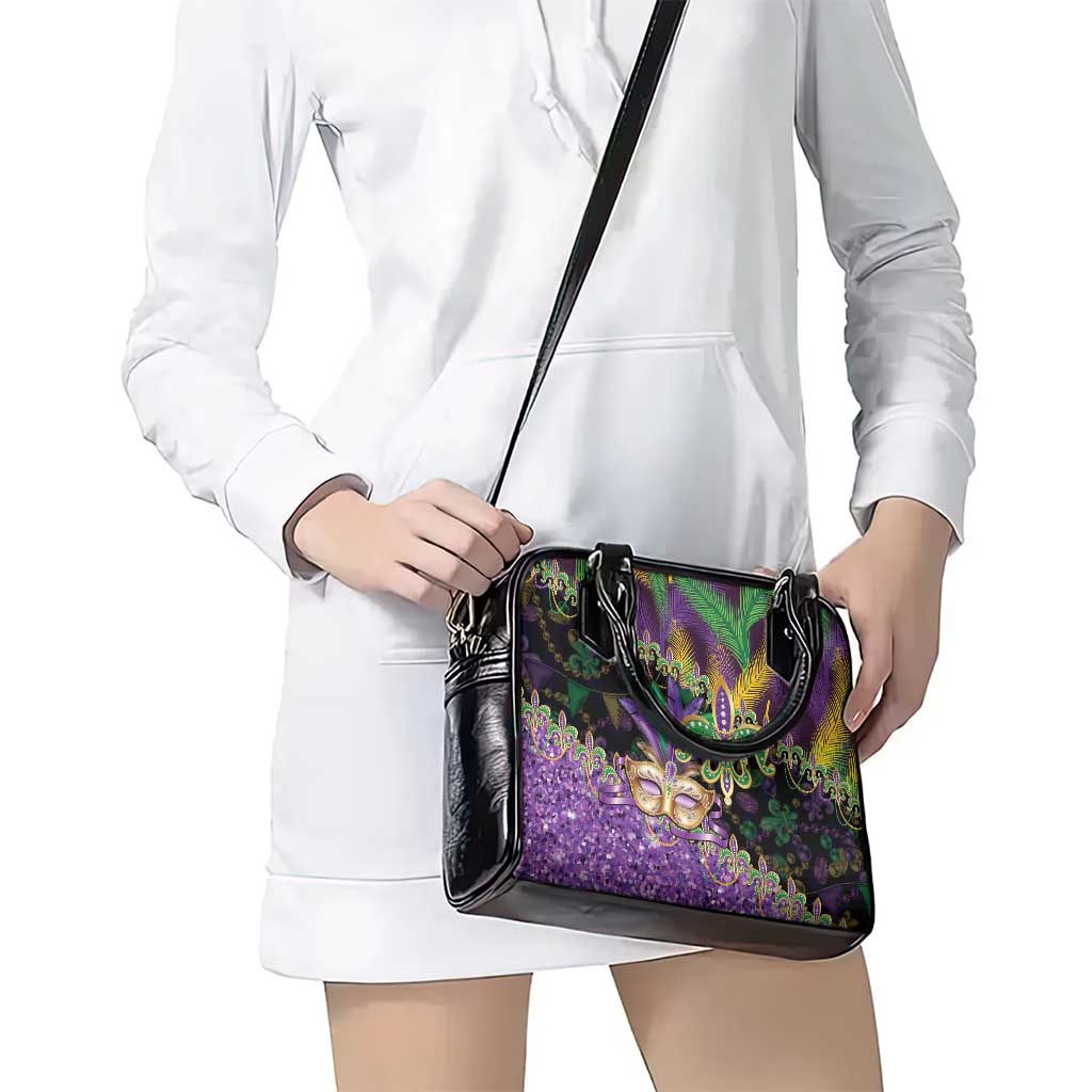Fleur De Lis Mardi Gras Mask Shoulder Handbag 504 NOLA Carnival Feathers Glitter Effect