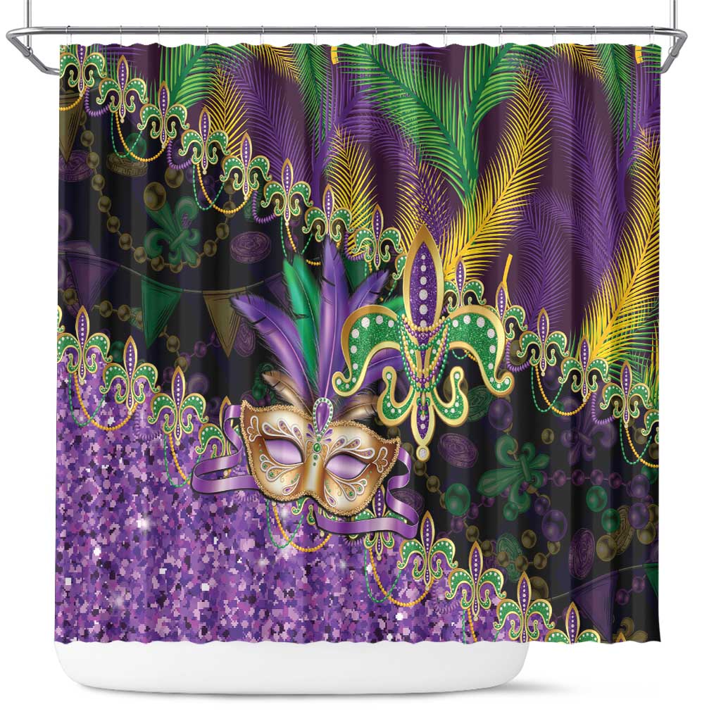 Fleur De Lis Mardi Gras Mask Shower Curtain 504 NOLA Carnival Feathers Glitter Effect