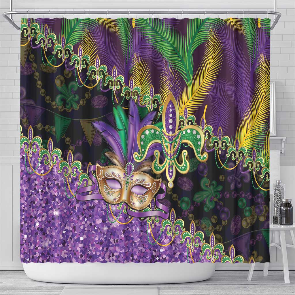 Fleur De Lis Mardi Gras Mask Shower Curtain 504 NOLA Carnival Feathers Glitter Effect