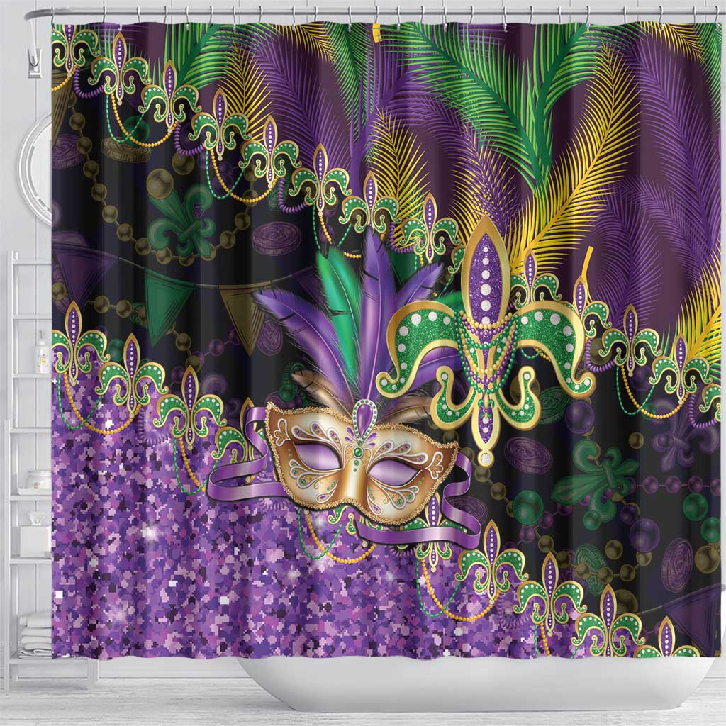 Fleur De Lis Mardi Gras Mask Shower Curtain 504 NOLA Carnival Feathers Glitter Effect