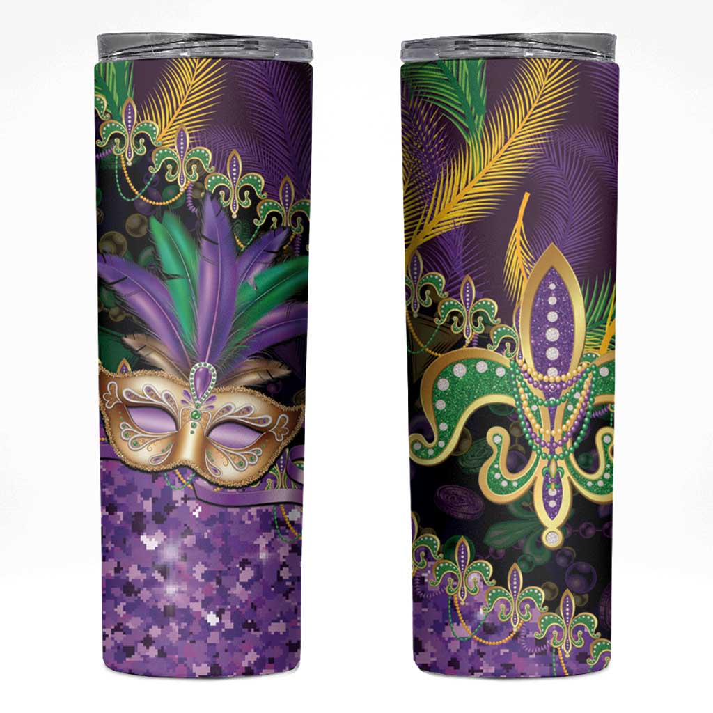 Fleur De Lis Mardi Gras Mask Skinny Tumbler 504 NOLA Carnival Feathers Glitter Effect