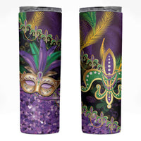Fleur De Lis Mardi Gras Mask Skinny Tumbler 504 NOLA Carnival Feathers Glitter Effect