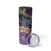 Fleur De Lis Mardi Gras Mask Skinny Tumbler 504 NOLA Carnival Feathers Glitter Effect