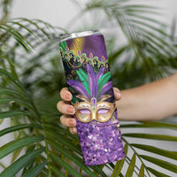 Fleur De Lis Mardi Gras Mask Skinny Tumbler 504 NOLA Carnival Feathers Glitter Effect