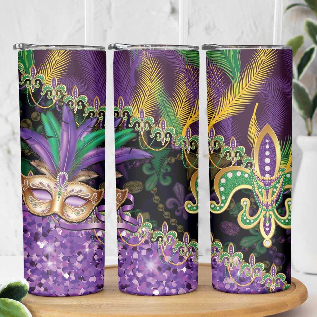 Fleur De Lis Mardi Gras Mask Skinny Tumbler 504 NOLA Carnival Feathers Glitter Effect