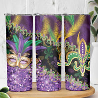 Fleur De Lis Mardi Gras Mask Skinny Tumbler 504 NOLA Carnival Feathers Glitter Effect