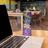 Fleur De Lis Mardi Gras Mask Skinny Tumbler 504 NOLA Carnival Feathers Glitter Effect