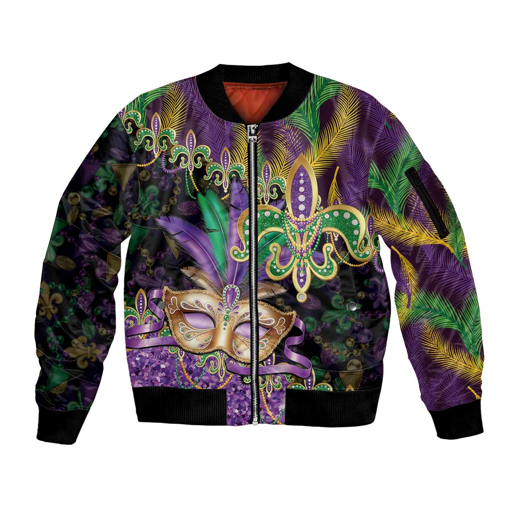 Fleur De Lis Mardi Gras Mask Sleeve Zip Bomber Jacket 504 NOLA Carnival Feathers Glitter Effect