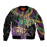 Fleur De Lis Mardi Gras Mask Sleeve Zip Bomber Jacket 504 NOLA Carnival Feathers Glitter Effect