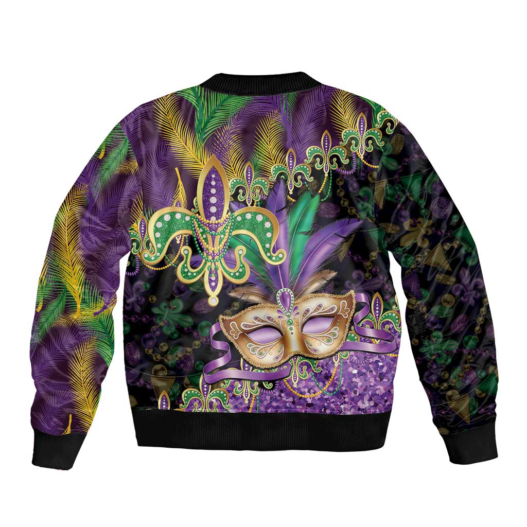 Fleur De Lis Mardi Gras Mask Sleeve Zip Bomber Jacket 504 NOLA Carnival Feathers Glitter Effect