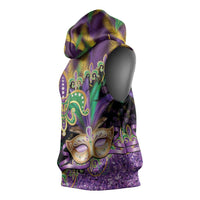 Fleur De Lis Mardi Gras Mask Sleeveless Hoodie 504 NOLA Carnival Feathers Glitter Effect