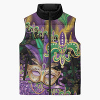 Fleur De Lis Mardi Gras Mask Sleeveless Puffer Jacket 504 NOLA Carnival Feathers Glitter Effect