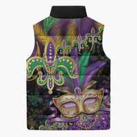 Fleur De Lis Mardi Gras Mask Sleeveless Puffer Jacket 504 NOLA Carnival Feathers Glitter Effect