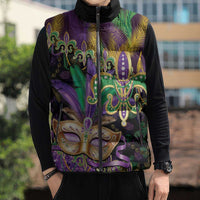 Fleur De Lis Mardi Gras Mask Sleeveless Puffer Jacket 504 NOLA Carnival Feathers Glitter Effect