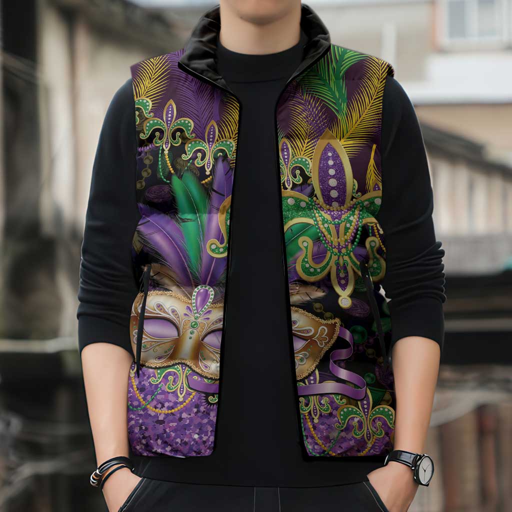 Fleur De Lis Mardi Gras Mask Sleeveless Puffer Jacket 504 NOLA Carnival Feathers Glitter Effect