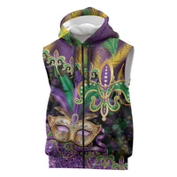 Fleur De Lis Mardi Gras Mask Sleeveless Zip Hoodie 504 NOLA Carnival Feathers Glitter Effect