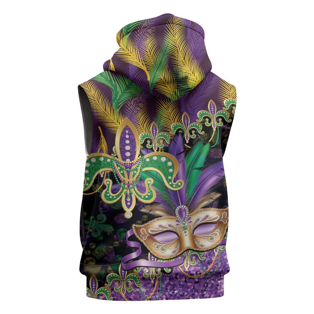 Fleur De Lis Mardi Gras Mask Sleeveless Zip Hoodie 504 NOLA Carnival Feathers Glitter Effect